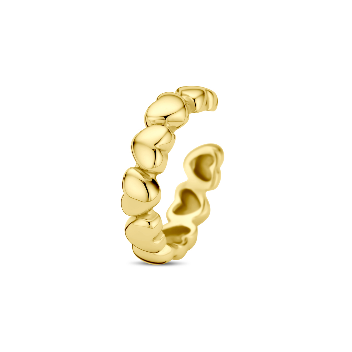 Geelgoud op 925 zilveren earcuff uitgevoerd met hartjes. De earcuff heeft een afmeting van 13.5x3mm. Geen garantie op de plating. De earcuff wordt per stuk verkocht.
