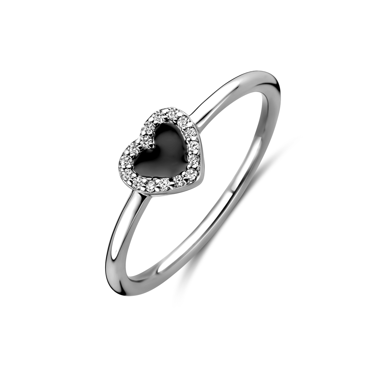 Gerhodineerd 925 zilveren ring uitgevoerd met zirkonia en zwart emaille. De ring heeft een afmeting van 6x6.5mm.