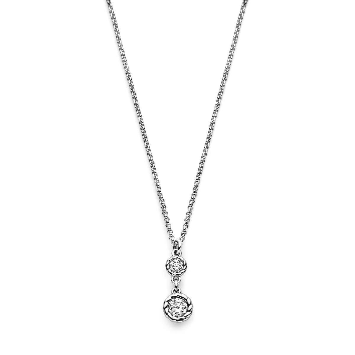 Gerhodineerd 925 zilveren collier uitgevoerd met zirkonia. Het collier heeft een draaglengte van 42cm met 3cm extensie. Uitgevoerd met karabijnsluiting.