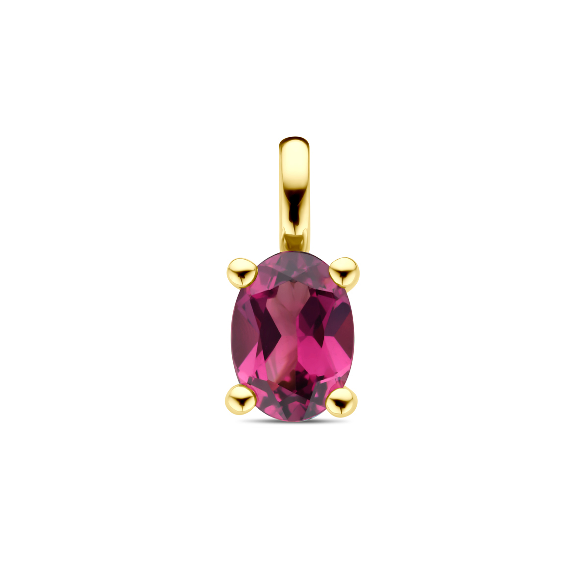 14k Geelgouden hanger uitgevoerd met roze rhodoliet. De hanger heeft afmeting van 12x5.5mm.