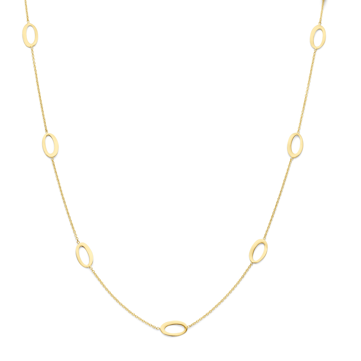 14k Geelgouden collier uitgevoerd met ovale elementen en een karabijn sluiting. Het collier heeft draaglengtes van 41, 43 en 45cm. De schakelbreedte is 1.2mm.