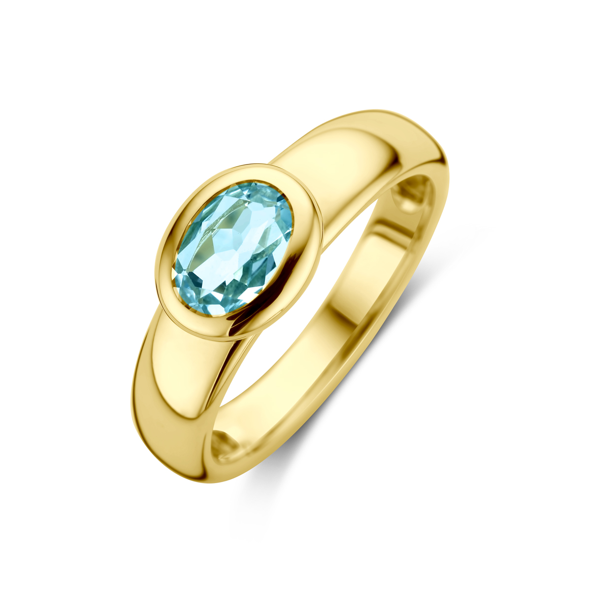 14k Geelgouden ring uitgevoerd met sky blue topaas. De ring heeft een afmeting van 7.5x9mm.