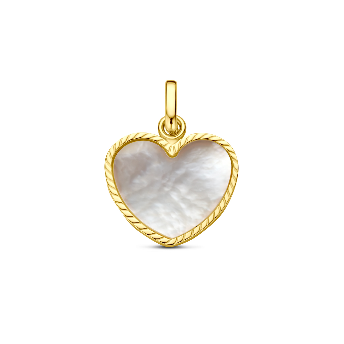 14k Geelgouden hanger in de vorm van een hart met parelmoer. Het hart heeft een afmeting van 10.5x12mm.
