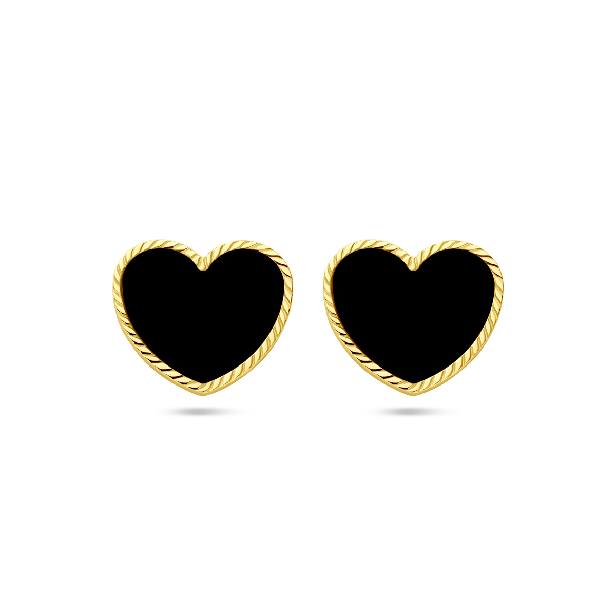14k Geelgouden oorknoppen in de vorm van een hart met onyx. De oorknoppen hebben een afmeting van 10.5x12mm.