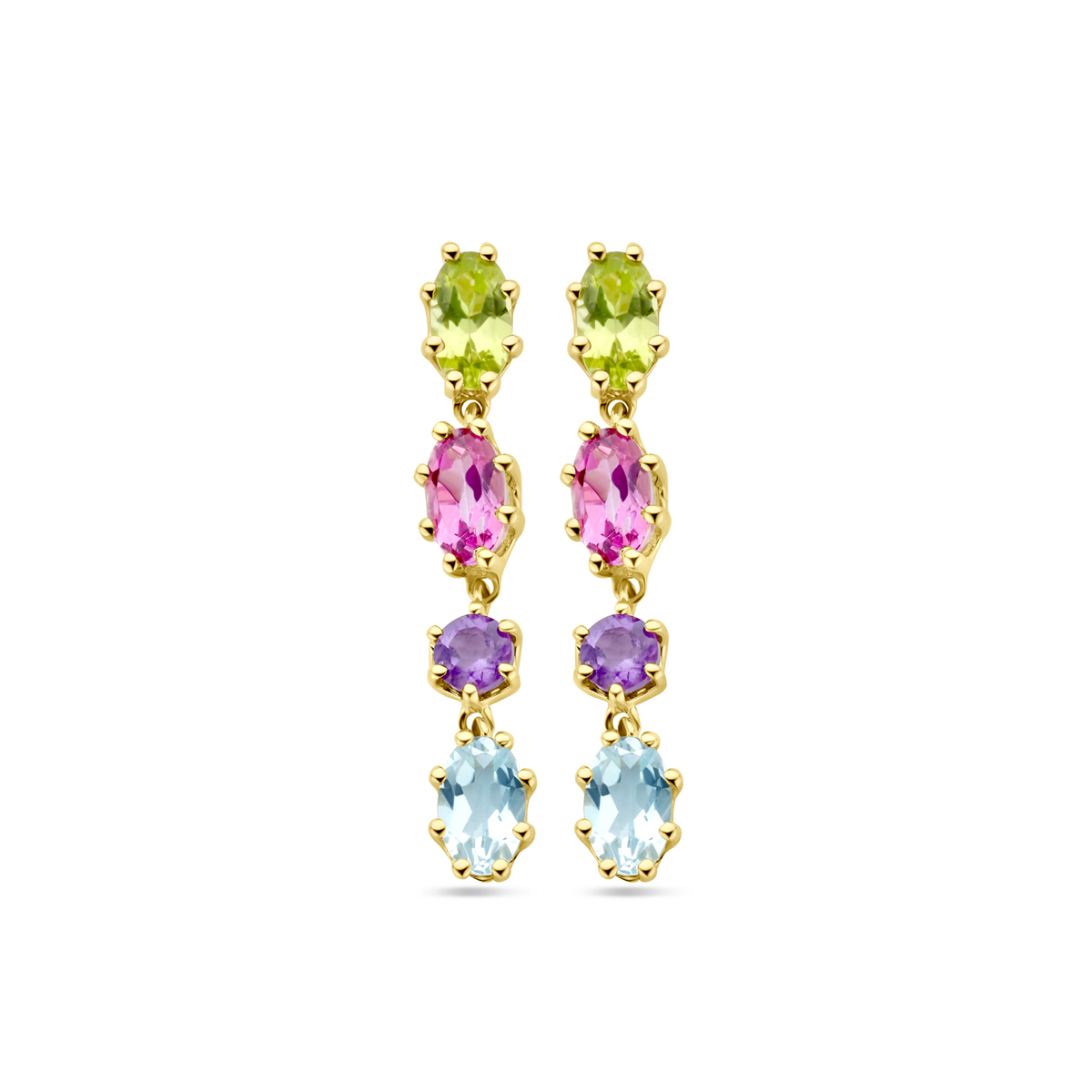 14k Geelgouden oorhangers uitgevoerd met peridot, roze topaas, amethist en sky blue topaas. De oorhangers hebben een totale hoogte van 25mm.