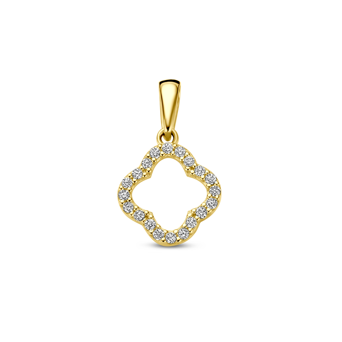 14k Geelgouden hanger in de vorm van een klavertje uitgevoerd met zirkonia.