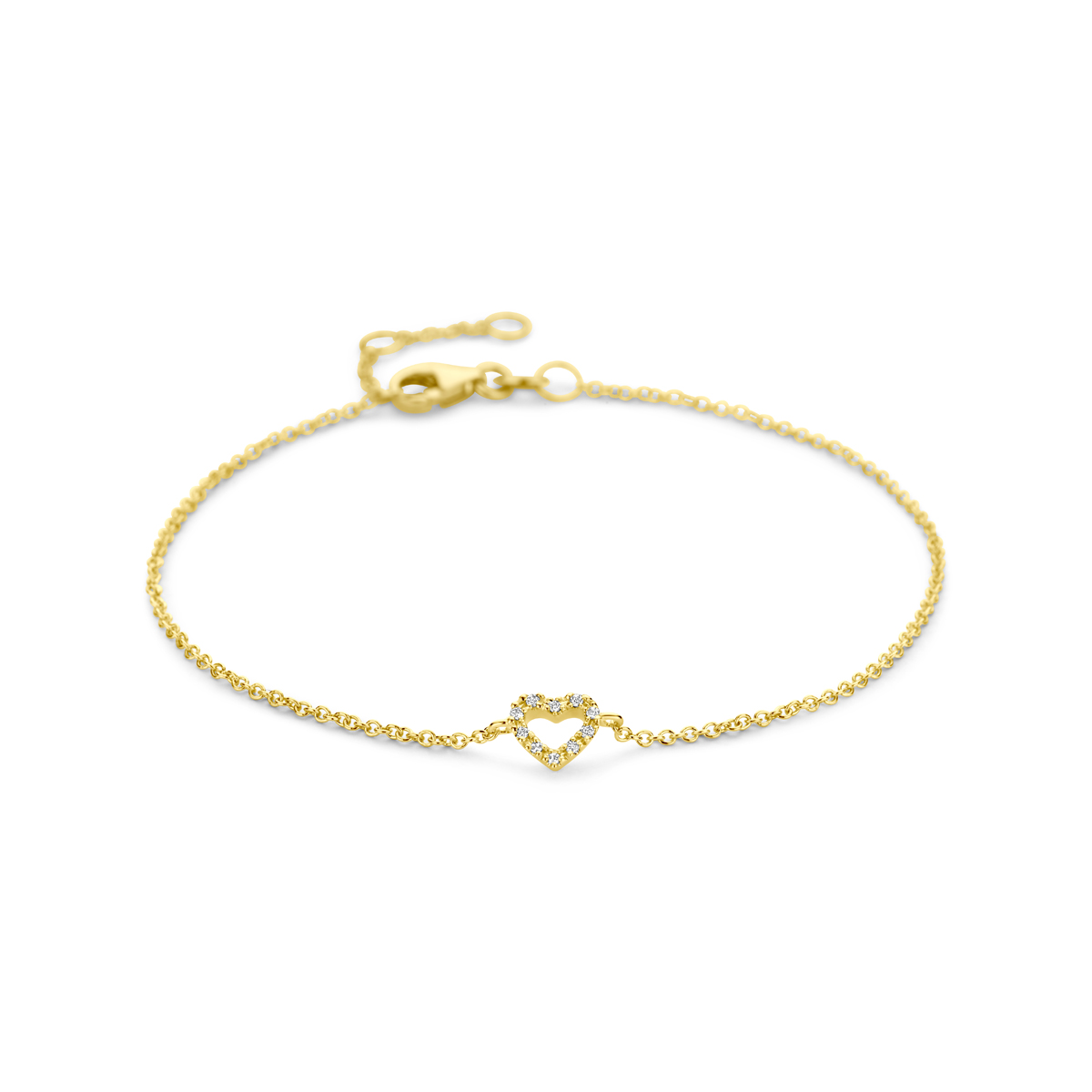 14k Geelgouden armband uitgevoerd met een hart en schitterende diamant. De armband heeft draaglengtes van 16.5-17.5-18.5cm en de afmeting van het hart is 5x6mm. Het diamantgewicht is 0.04ct. Uitgevoerd met karabijnsluiting. De schakelbreedte is 1.1mm.