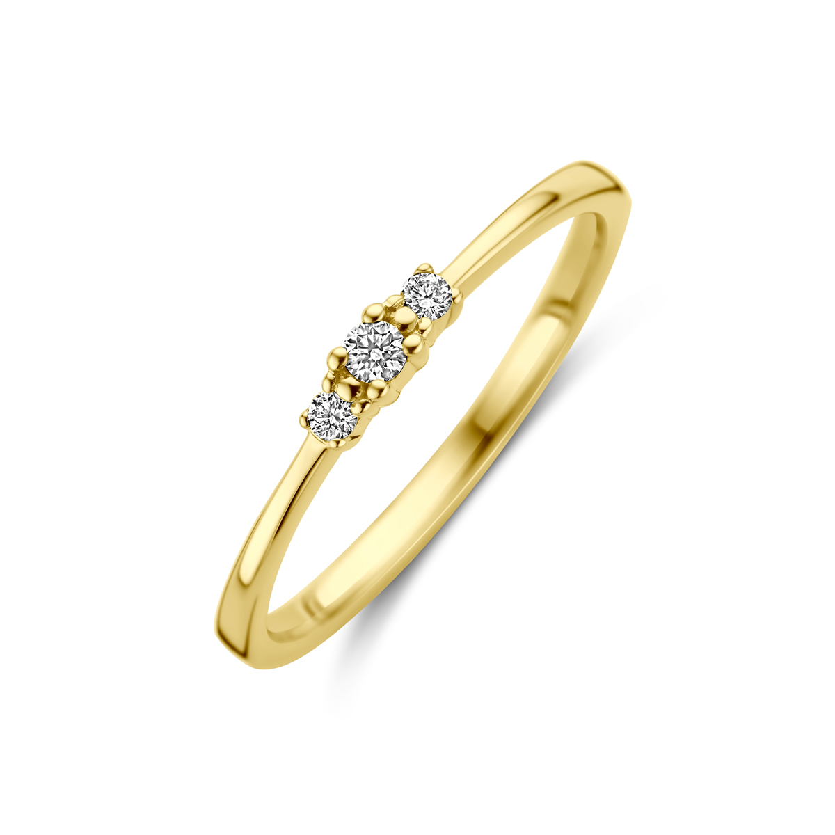 14k Geelgouden ring uitgevoerd met diamant. De ring heeft een breedte van 2.5mm. Het diamantgewicht is 0.08ct.