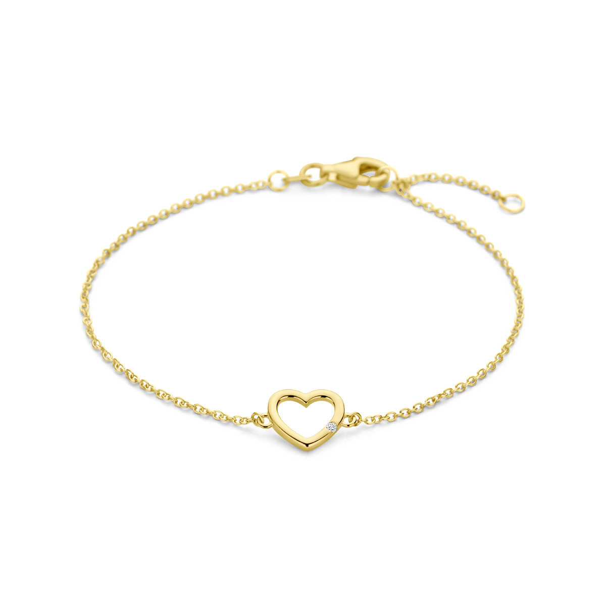 14k Geelgouden armband uitgevoerd met een hart, diamant en een karabijn sluiting. De armband heeft een draaglengte van 17cm met 2cm extensie. Het diamantgewicht is 0.01ct.