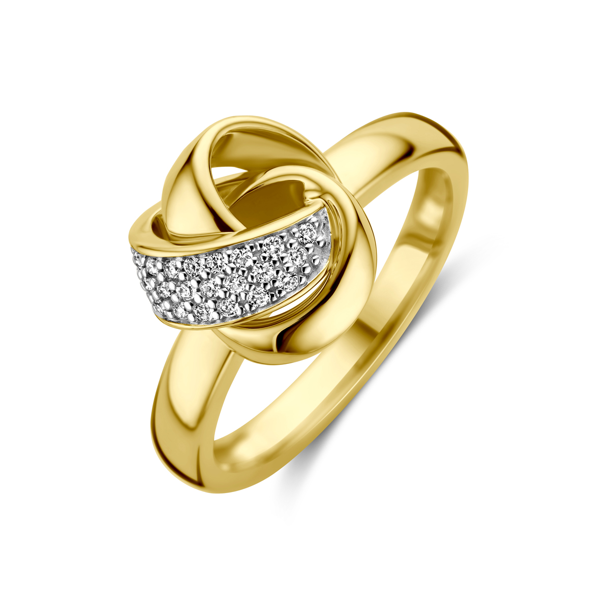 14k Geelgouden ring uitgevoerd met diamant. De ring heeft een afmeting van 11x11mm. Het diamantgewicht is 0.11ct.
