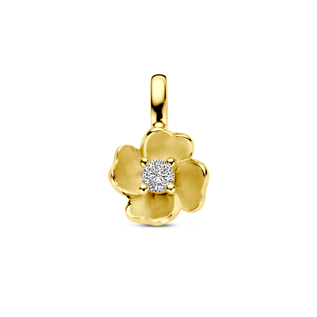 14k Geelgouden hanger uitgevoerd in de vorm van een bloem met diamant. De hanger heeft een totale hoogte van 14mm. Het diamantgewicht is 0.10ct.