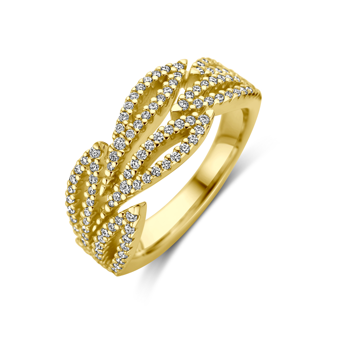 14k Geelgouden ring uitgevoerd met diamant. De ring heeft een breedte van 8.5mm. Het diamantgewicht is 0.55ct.