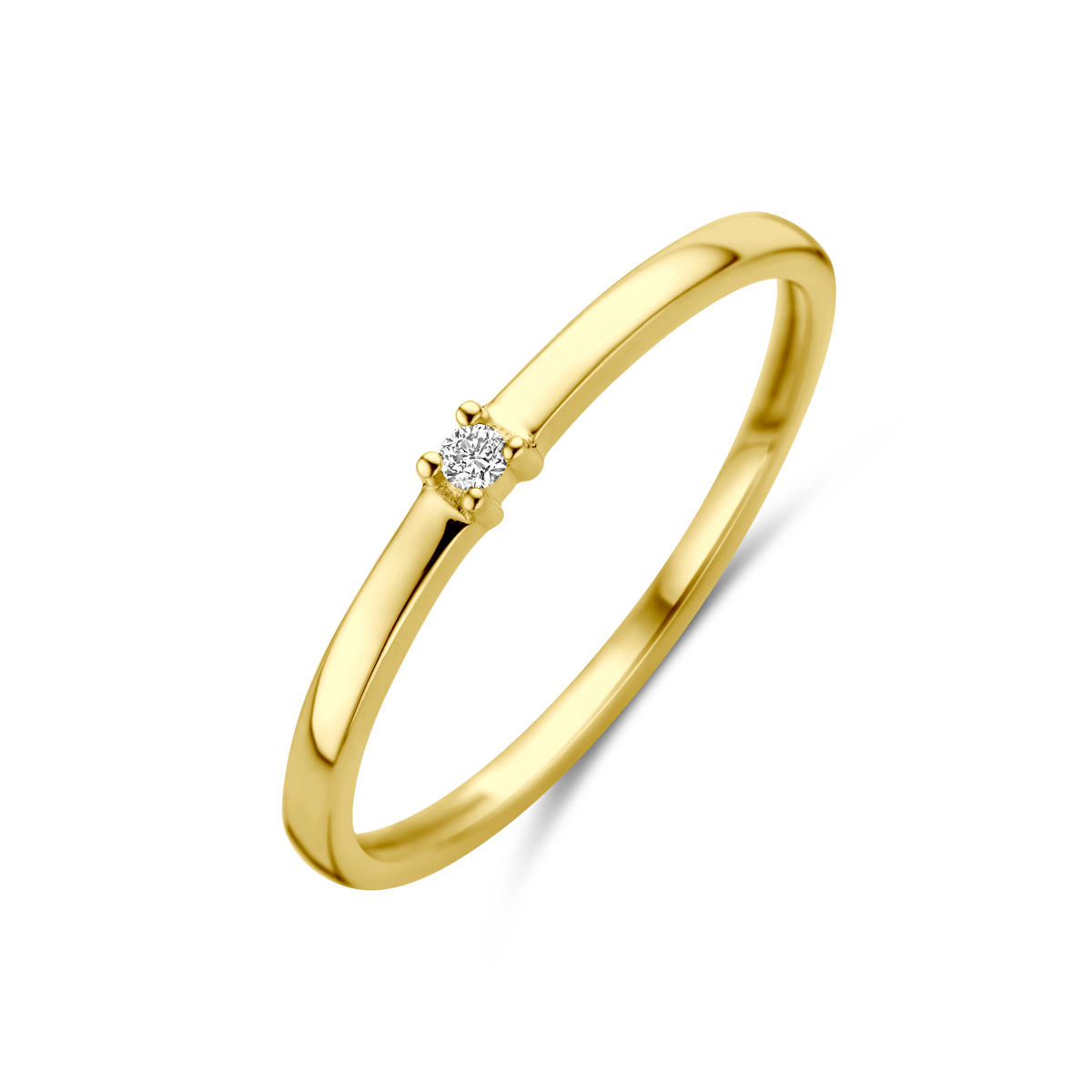 14k Geelgouden ring uitgevoerd met diamant. De ring heeft een breedte van 2mm en het diamantgewicht is 0.02ct.