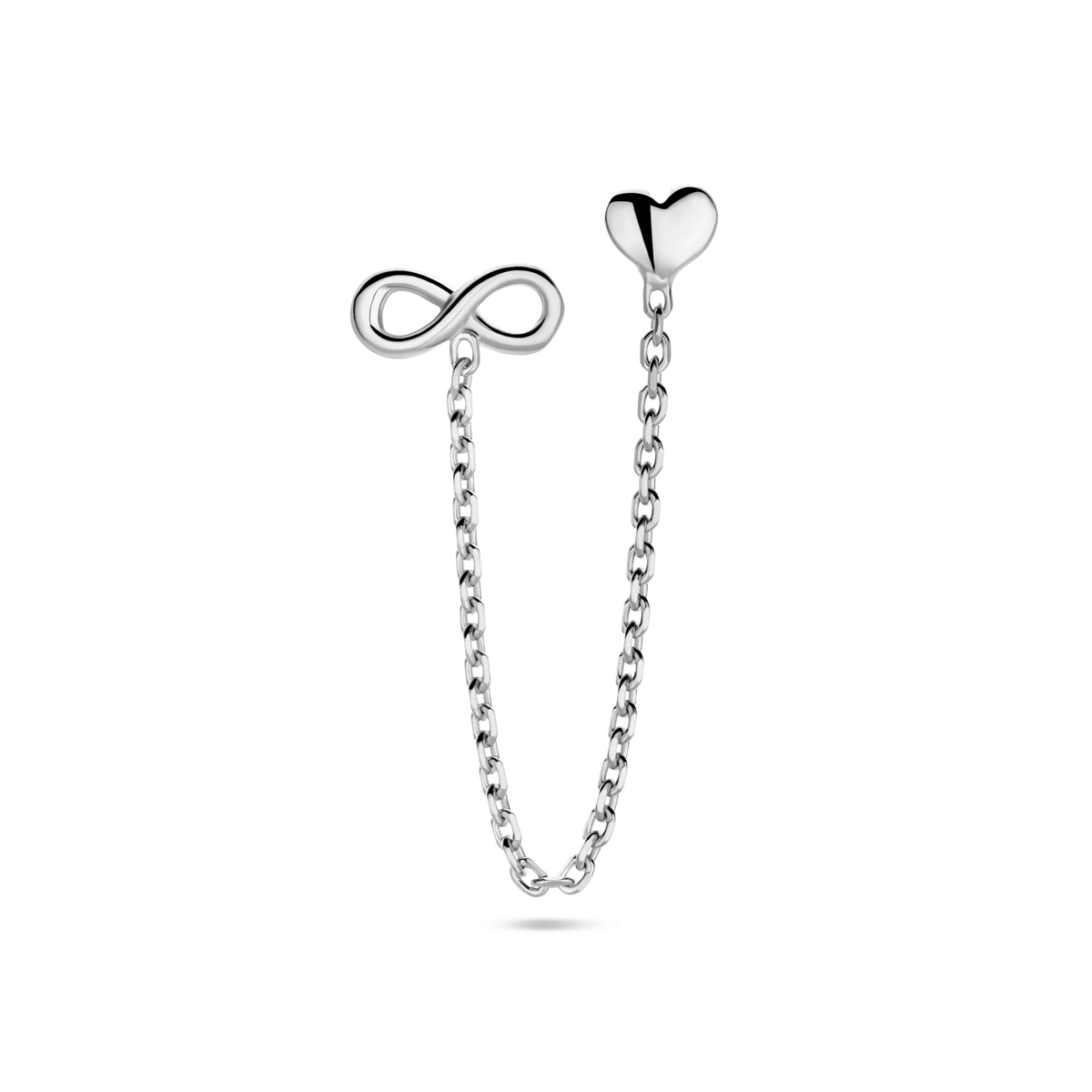 Gerhodineerd 925 zilveren oorknop geschikt voor meerdere gaatjes uitgevoerd met een hart en infinity. Het hartje heeft een afmeting van 5.5x5mm en de infinity heeft een afmeting van 4x9.5mm. De oorknop wordt per stuk verkocht.