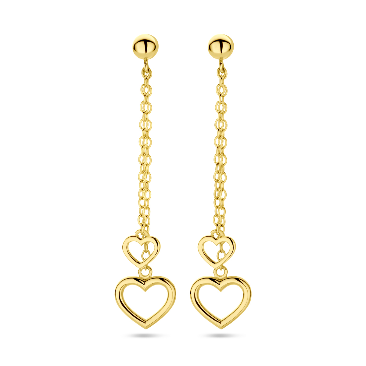 14k Geelgouden oorhangers uitgevoerd met hartjes. De oorhangers hebben een totale hoogte van 40mm.