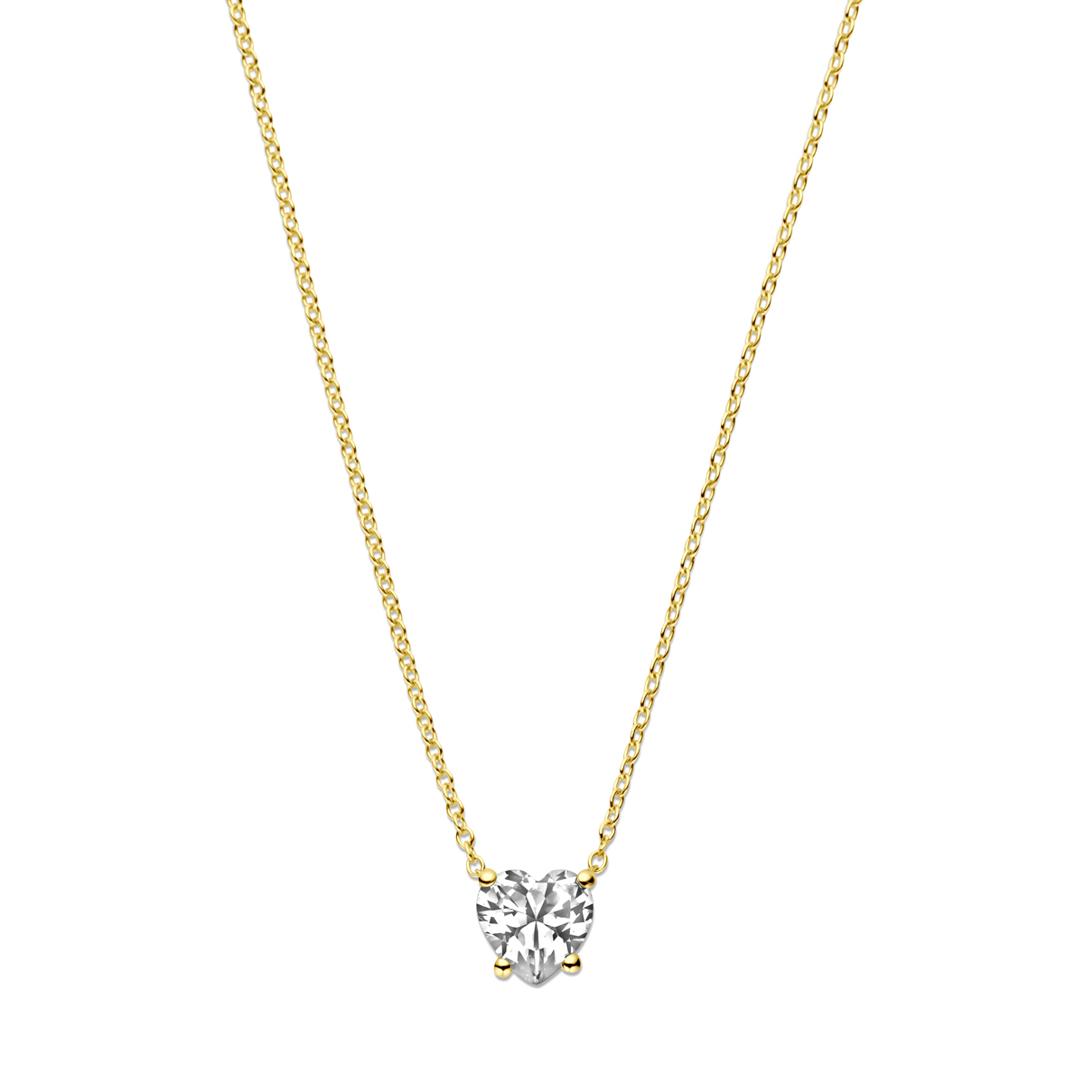 14k Geelgouden collier uitgevoerd met een hart zirkonia. Het collier heeft draaglengtes van 41, 43 en 45cm. Uitgevoerd met karabijn sluiting. De schakelbreedte is 1mm.