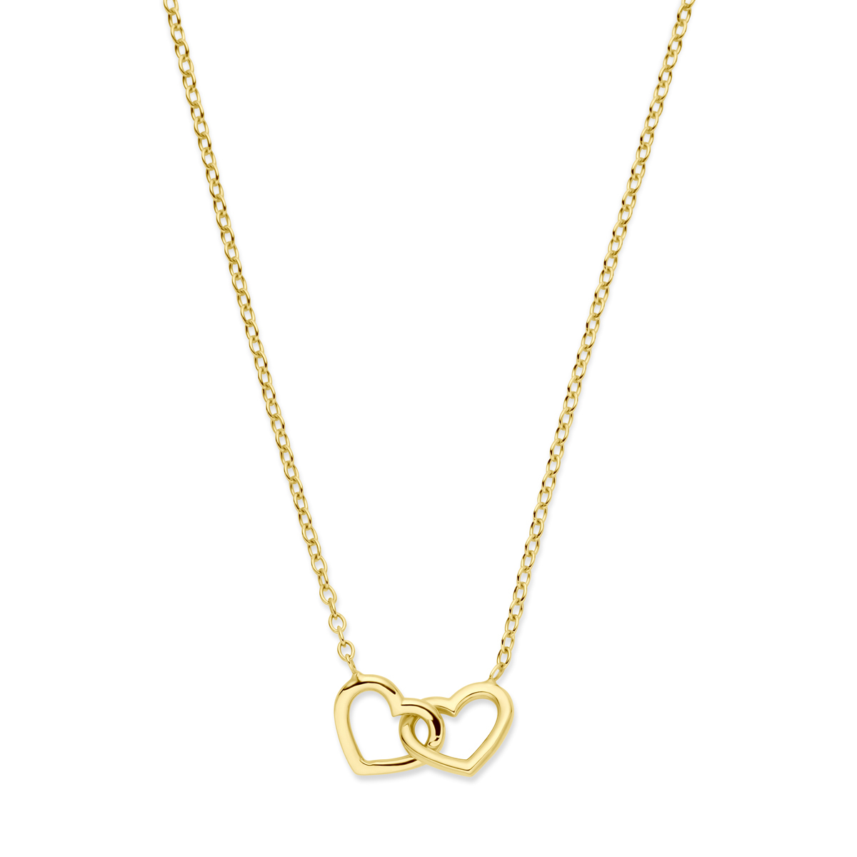 14k Geelgouden collier uitgevoerd met twee harten. Het collier heeft draaglengtes van 40, 42 en 44cm. Uitgevoerd met karabijn sluiting. De schakelbreedte is 1.3mm.