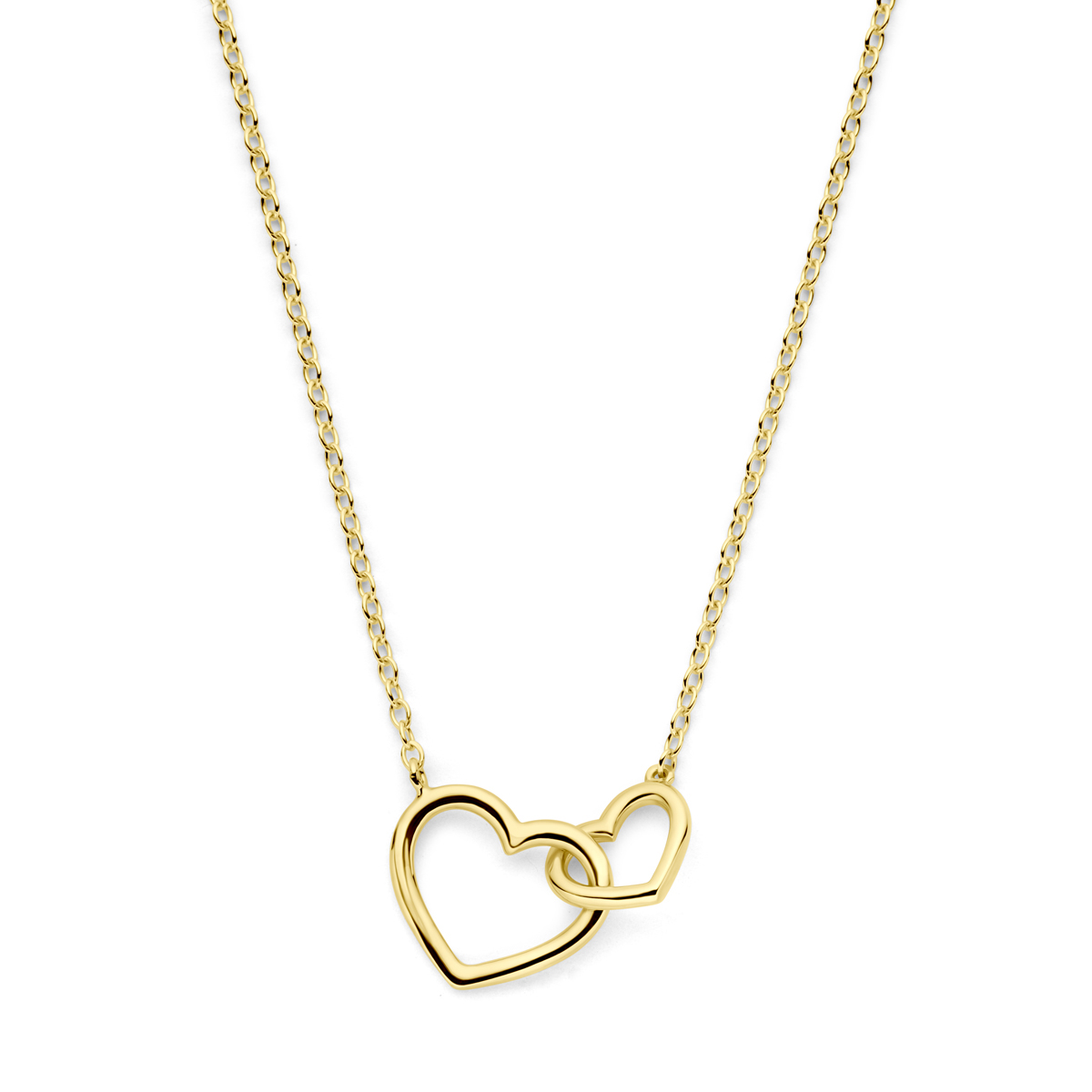 14k Geelgouden collier uitgevoerd met twee harten. Het collier heeft draaglengtes van 40, 42 en 44cm. Uitgevoerd met karabijn sluiting. De schakelbreedte is 1.3mm.
