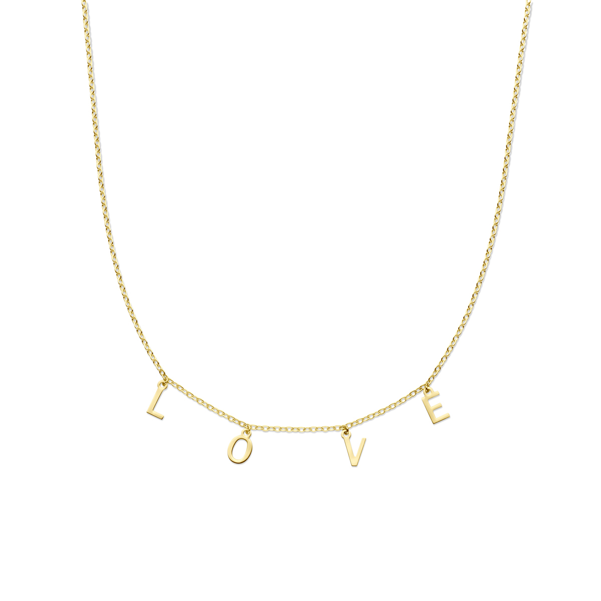 14k Geelgouden collier uitgevoerd met de tekst love. Het collier heeft draaglengtes van 40, 42 en 44cm en is uitgevoerd met karabijnsluiting. De schakelbreedte is 1.3mm.