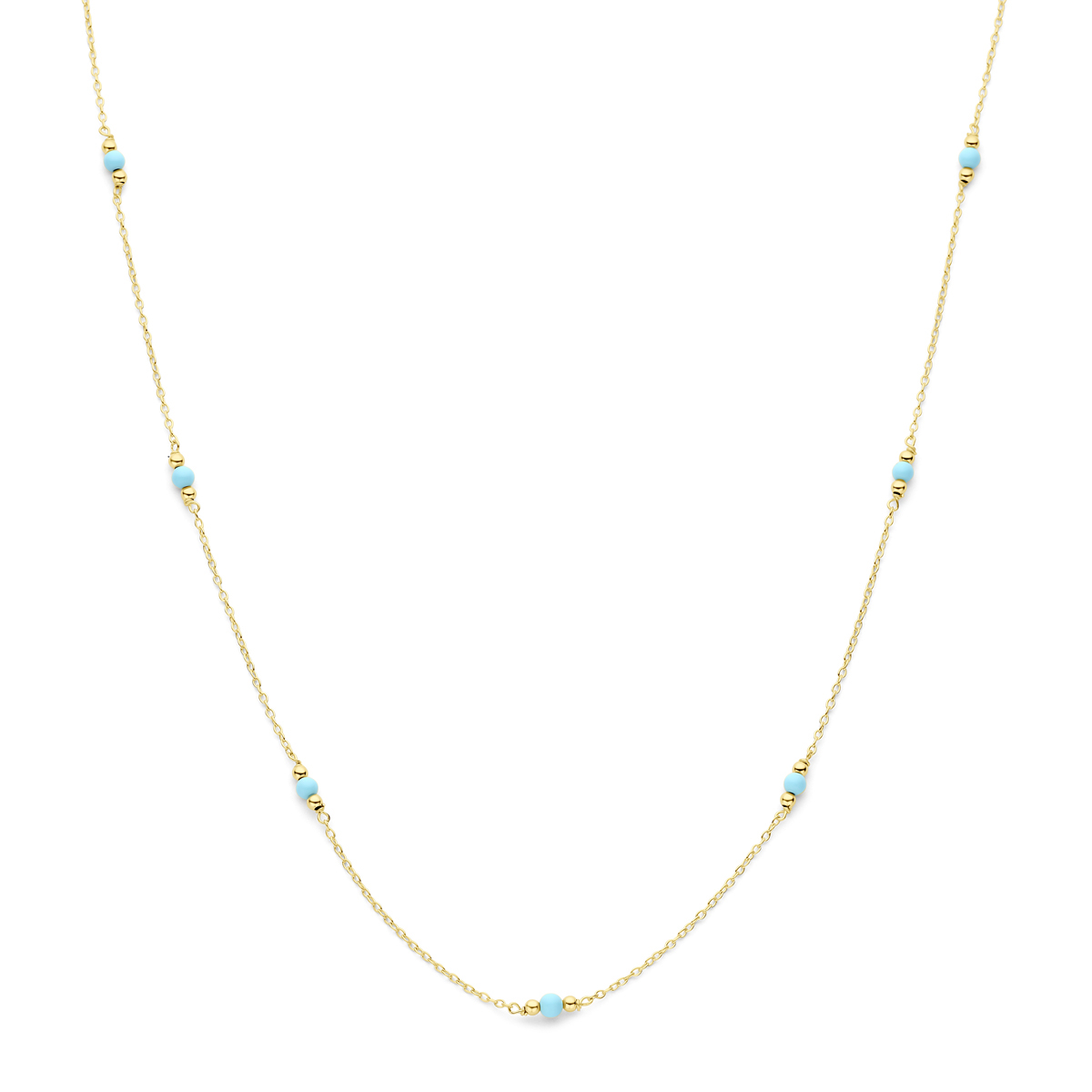 14k Geelgouden collier uitgevoerd met bolletjes en&nbsp;turquoise. Het collier heeft draaglengtes van 40-44cm en een schakelbreedte van 1.2mm. Uitgevoerd met een karabijn sluiting.