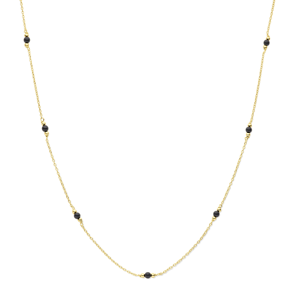 14k Geelgouden collier uitgevoerd met bolletjes en onyx. Het collier heeft draaglengtes van 40-44cm en schakelbreedte van 1.2mm. Uitgevoerd met een karabijn sluiting.