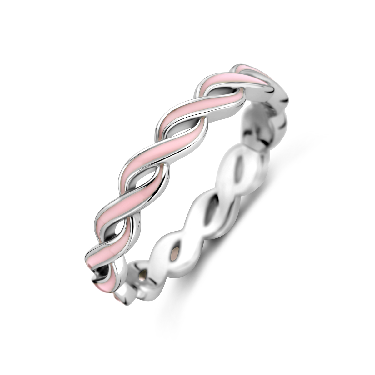 Gerhodineerd 925 zilveren ring uitgevoerd met roze emaille. De ring heeft een breedte van 3.5mm.