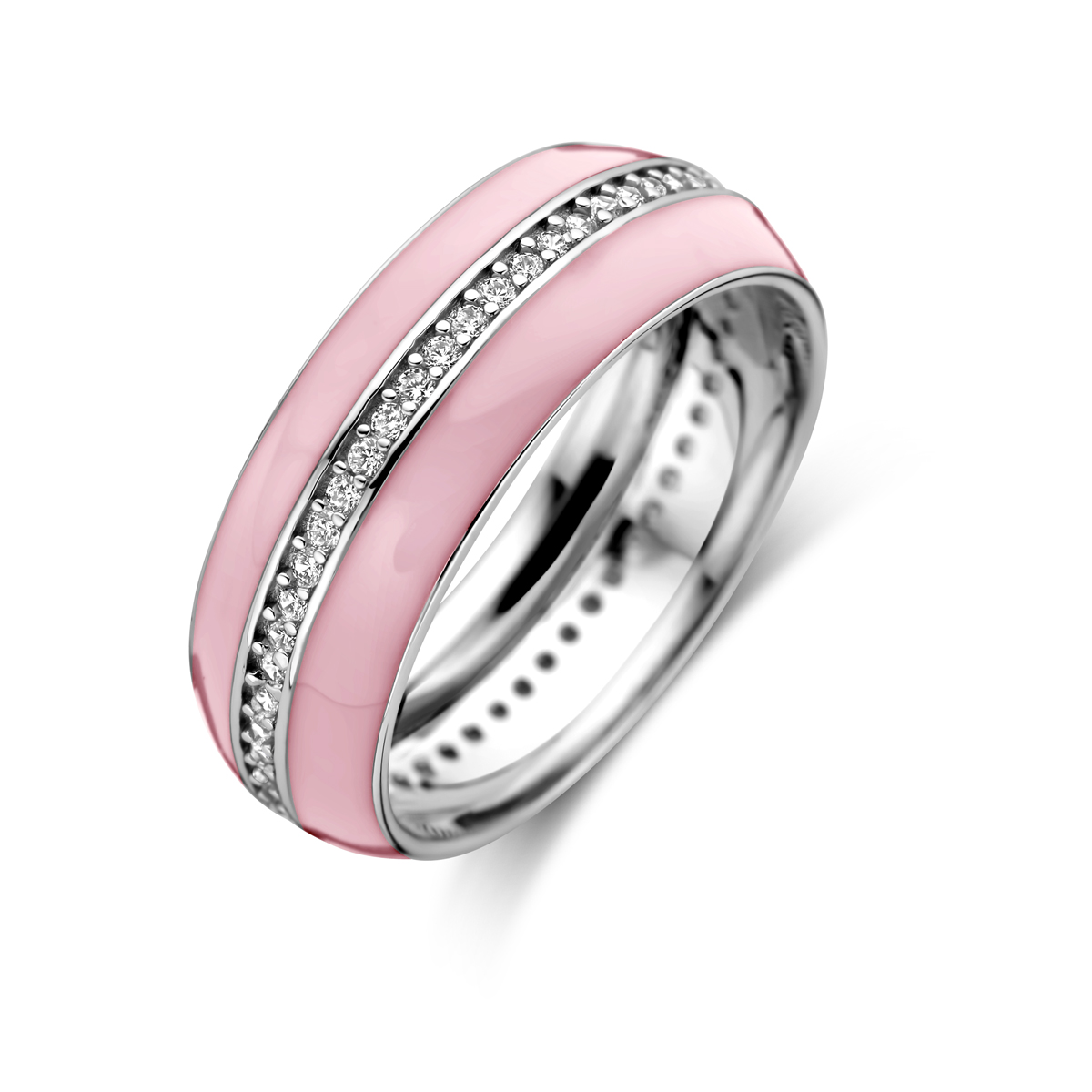 Gerhodineerd 925 zilveren ring uitgevoerd met roze emaille en zirkonia. De ring heeft een breedte van 6.5mm.