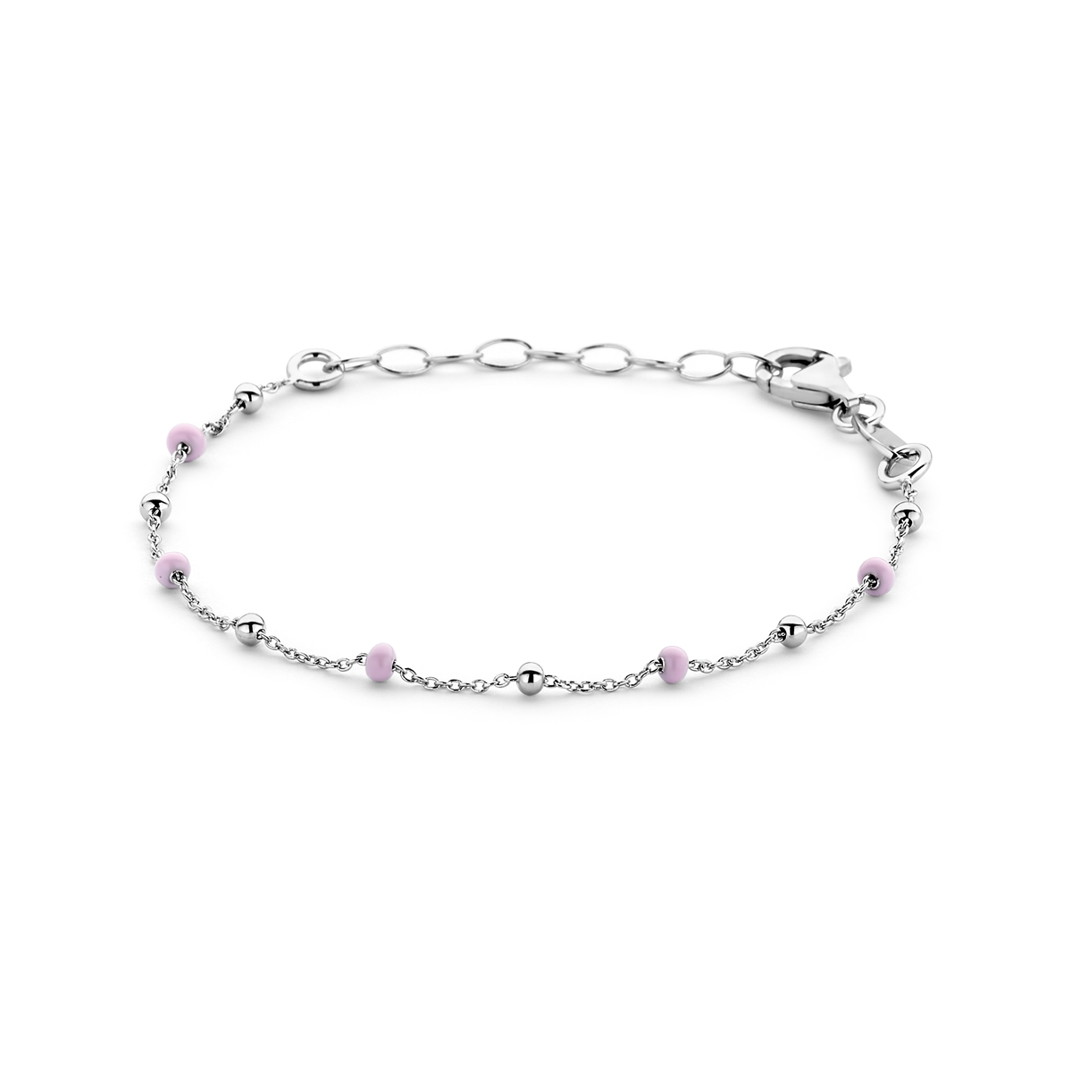 Gerhodineerd 925 zilveren armband uitgevoerd met emaille bolletjes. De armband heeft een draaglengte van 13cm en een extensie van 3cm. Uitgevoerd met karabijnsluiting. De schakelbreedte is 0.9mm.