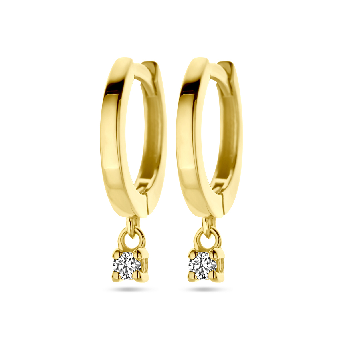 14k Geelgouden klapoorringen uitgevoerd met diamant. De klapoorringen hebben een totale hoogte van 16mm. Het totaal diamantgewicht is 0.06ct.