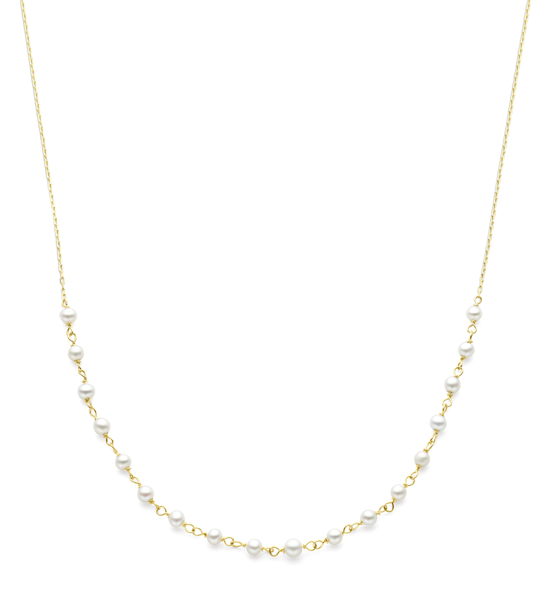 14k Geelgouden collier uitgevoerd met zoetwaterparels. Het collier heeft een draaglengte van 44cm.