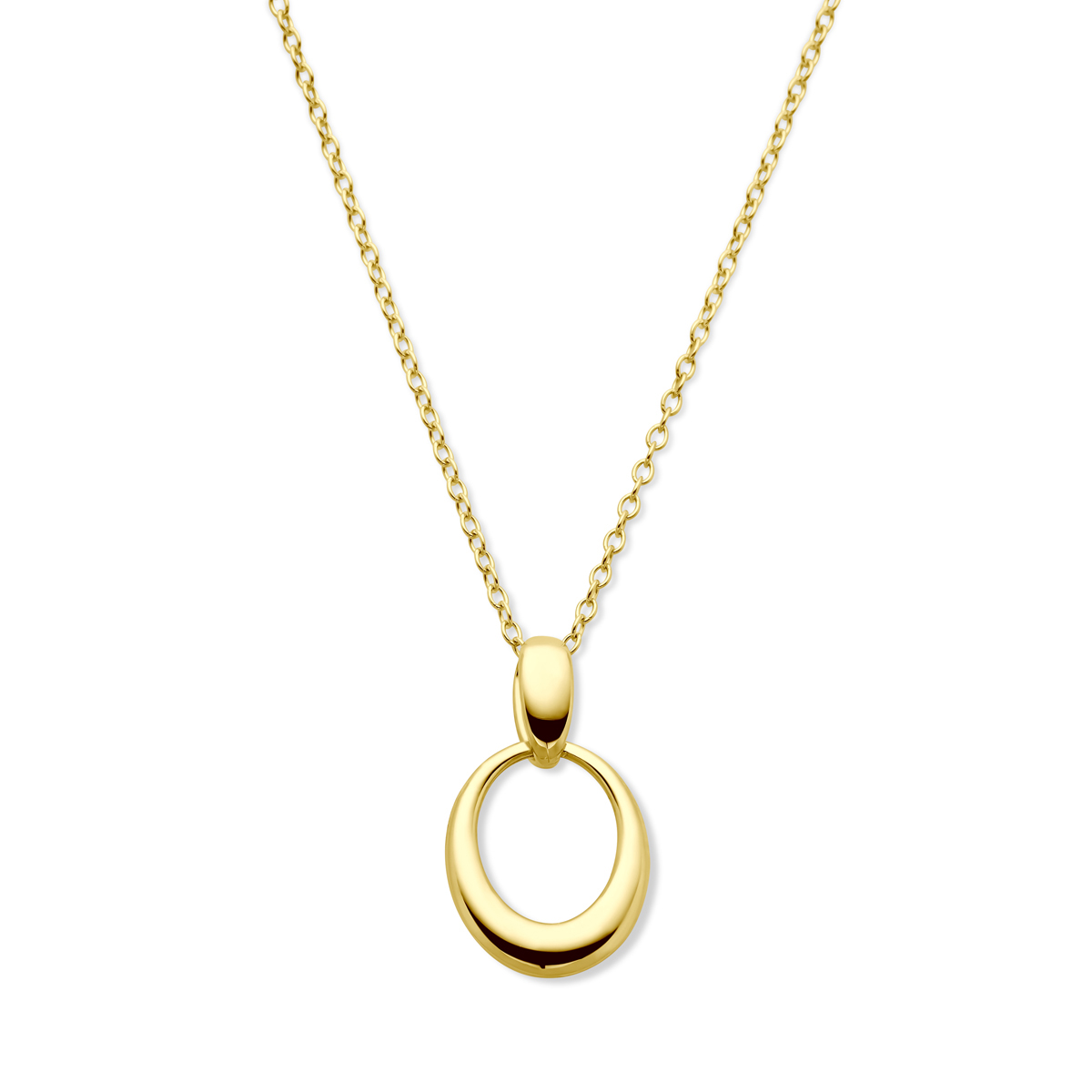 14k Geelgouden collier uitgevoerd met een ovale hanger en een karabijn sluiting. Het collier heeft draaglengtes van 42 en 44cm. De schakelbreedte is 1.3mm.