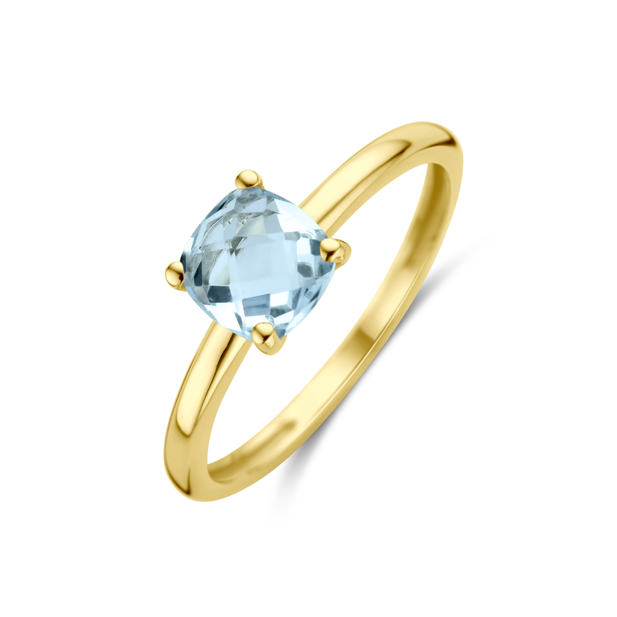 14k Geelgouden ring uitgevoerd met topaas. De steen heeft een afmeting van 6x6mm.
