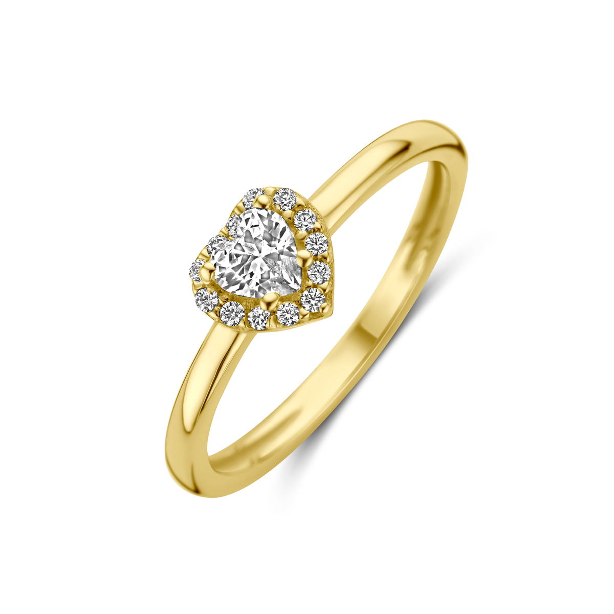 14k Geelgouden ring uitgevoerd met een hart en zirkonia. De ring heeft een breedte van 6.5mm.