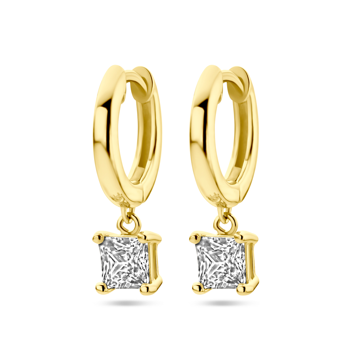 14k Geelgouden klapoorringen uitgevoerd met zirkonia. De oorringen hebben een totale hoogte van 18mm.