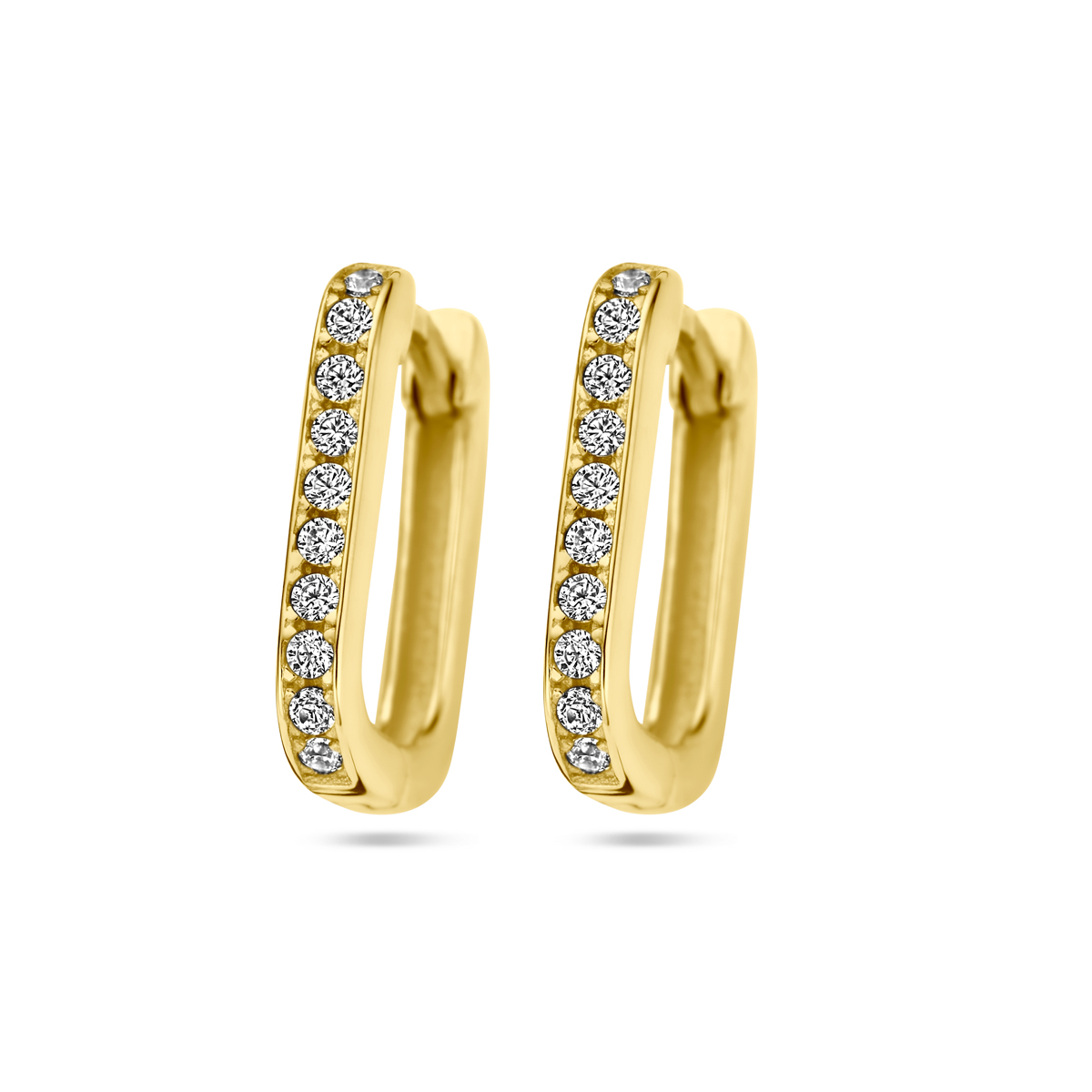 14k Geelgouden klapoorringen uitgevoerd met zirkonia. De oorringen hebben een afmeting van 12x2mm.