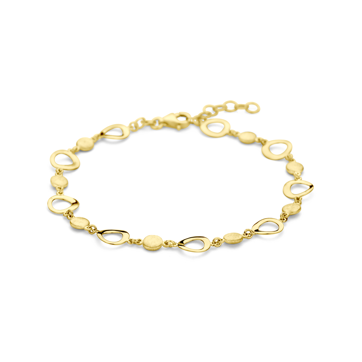 14k Geelgouden armband uitgevoerd met een karabijn sluiting. De armband heeft een draaglengte van 17cm en een extensie van 2cm. De schakelbreedte is 7mm.