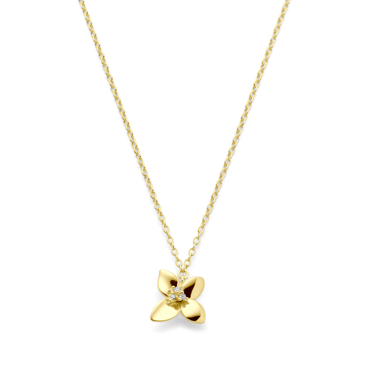 14k Geelgouden collier uitgevoerd met een bloem, zirkonia en een karabijn sluiting. Het collier heeft een draaglengte van 42cm en een extensie van 2cm. De schakelbreedte is 1.3mm.