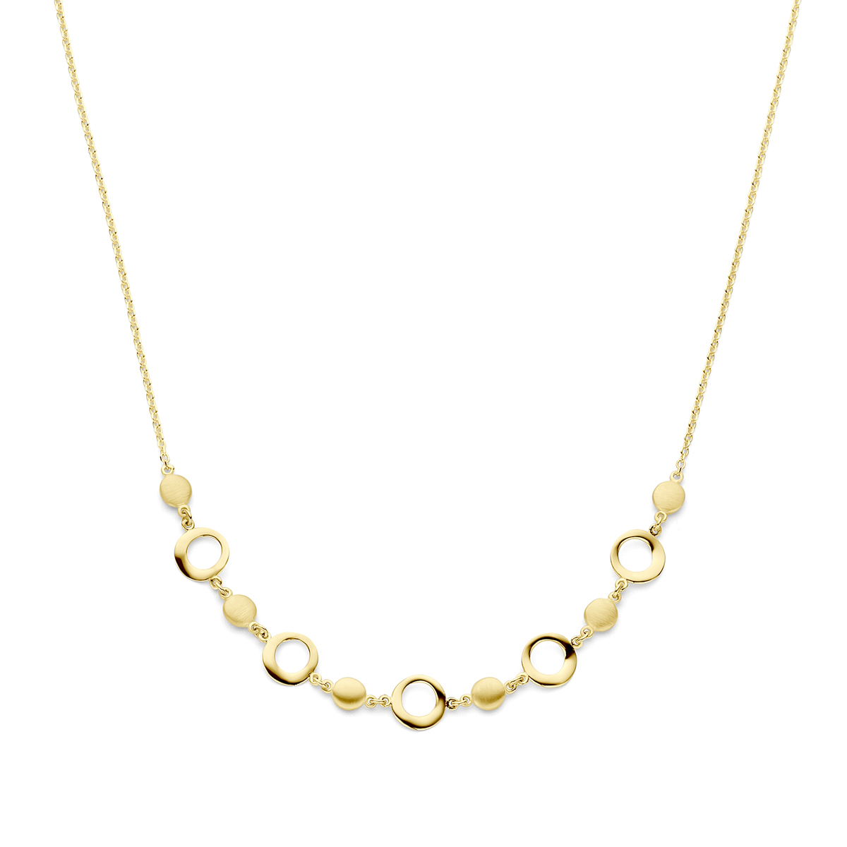 14k Geelgouden collier uitgevoerd met een karabijn sluiting. Het collier heeft een draaglengte van 42cm en een extensie van 2cm. De schakelbreedte is 7mm.