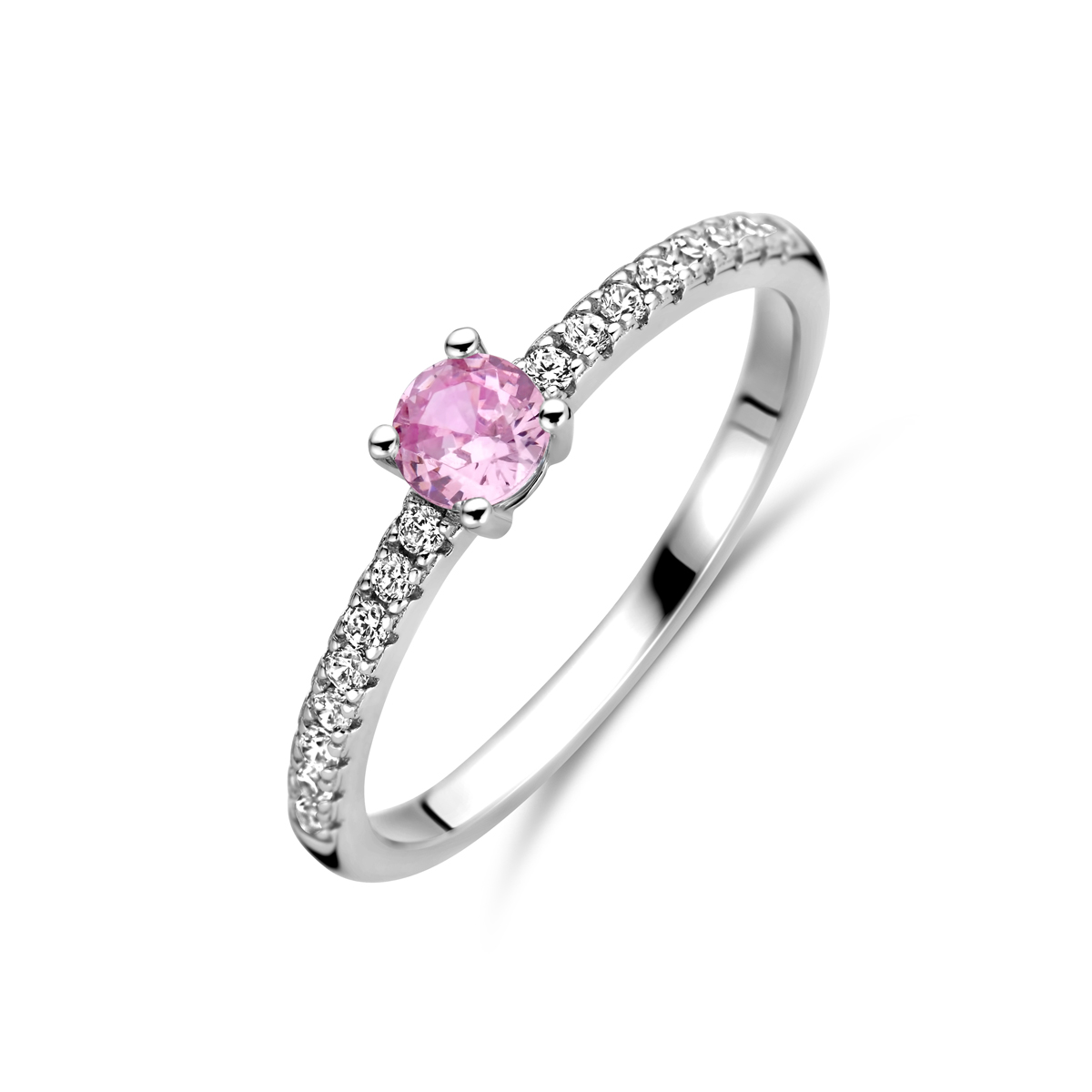 Gerhodineerd 925 zilveren ring uitgevoerd met witte en roze zirkonia. De ring heeft een breedte van 4mm.