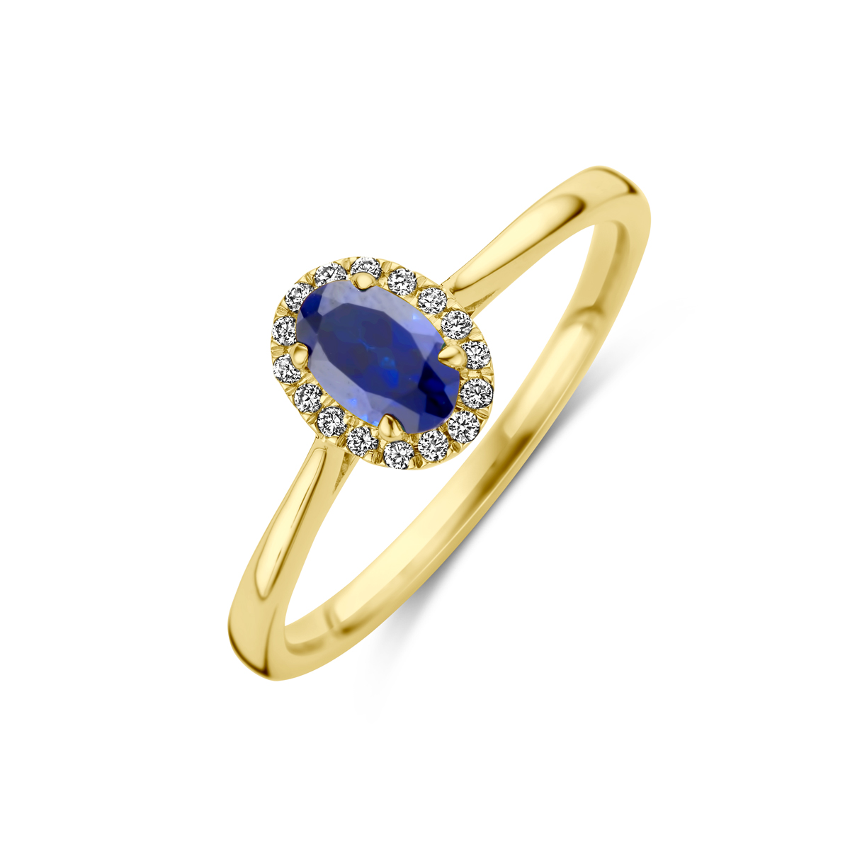 14k Geelgouden ring uitgevoerd met lab grown saffier en lab grown diamanten. De ring heeft een afmeting van 8x6.5mm en het diamantgewicht is 0.075ct.&nbsp;Lab grown diamanten zijn diamanten die ontstaan in een laboratorium. Onder extreem hoge druk en temperatuur wordt het natuurlijk ontstaansproces nagebootst met als eindresultaat een diamant met dezelfde chemische eigenschappen maar met een andere oorsprong.&nbsp;