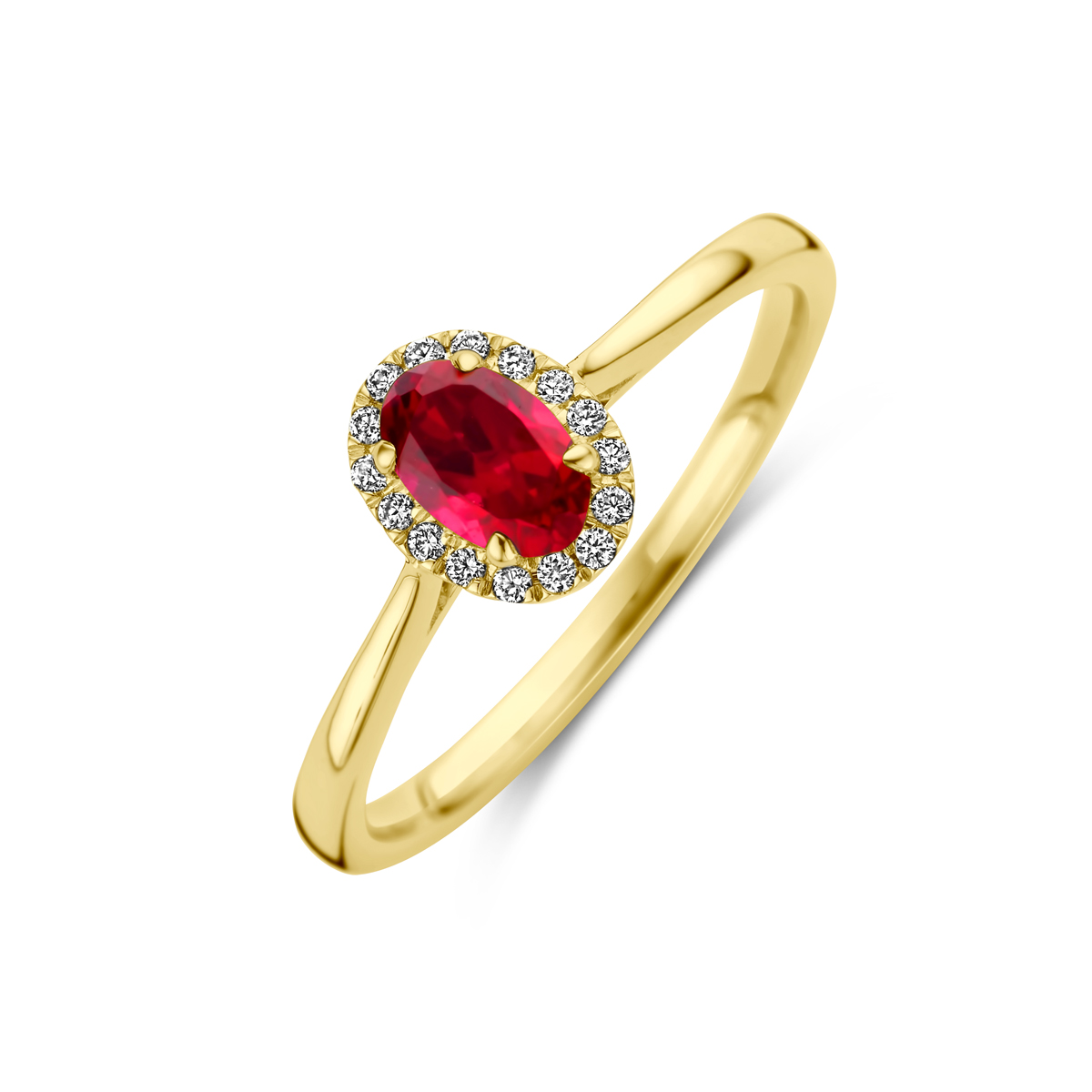 14k Geelgouden ring uitgevoerd met lab grown robijn en lab grown diamanten. De ring heeft een afmeting van 8x6.5mm en het diamantgewicht is 0.075ct.Lab grown diamanten zijn diamanten die ontstaan in een laboratorium. Onder extreem hoge druk en temperatuur wordt het natuurlijk ontstaansproces nagebootst met als eindresultaat een diamant met dezelfde chemische eigenschappen maar met een andere oorsprong.