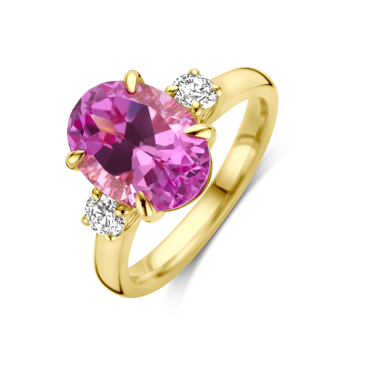 14k Geelgouden ring uitgevoerd met lab grown roze saffier en lab grown diamanten. De ring heeft een afmeting van 12x9mm en het diamantgewicht is 0.35ct.Lab grown diamanten zijn diamanten die ontstaan in een laboratorium. Onder extreem hoge druk en temperatuur wordt het natuurlijk ontstaansproces nagebootst met als eindresultaat een diamant met dezelfde chemische eigenschappen maar met een andere oorsprong.