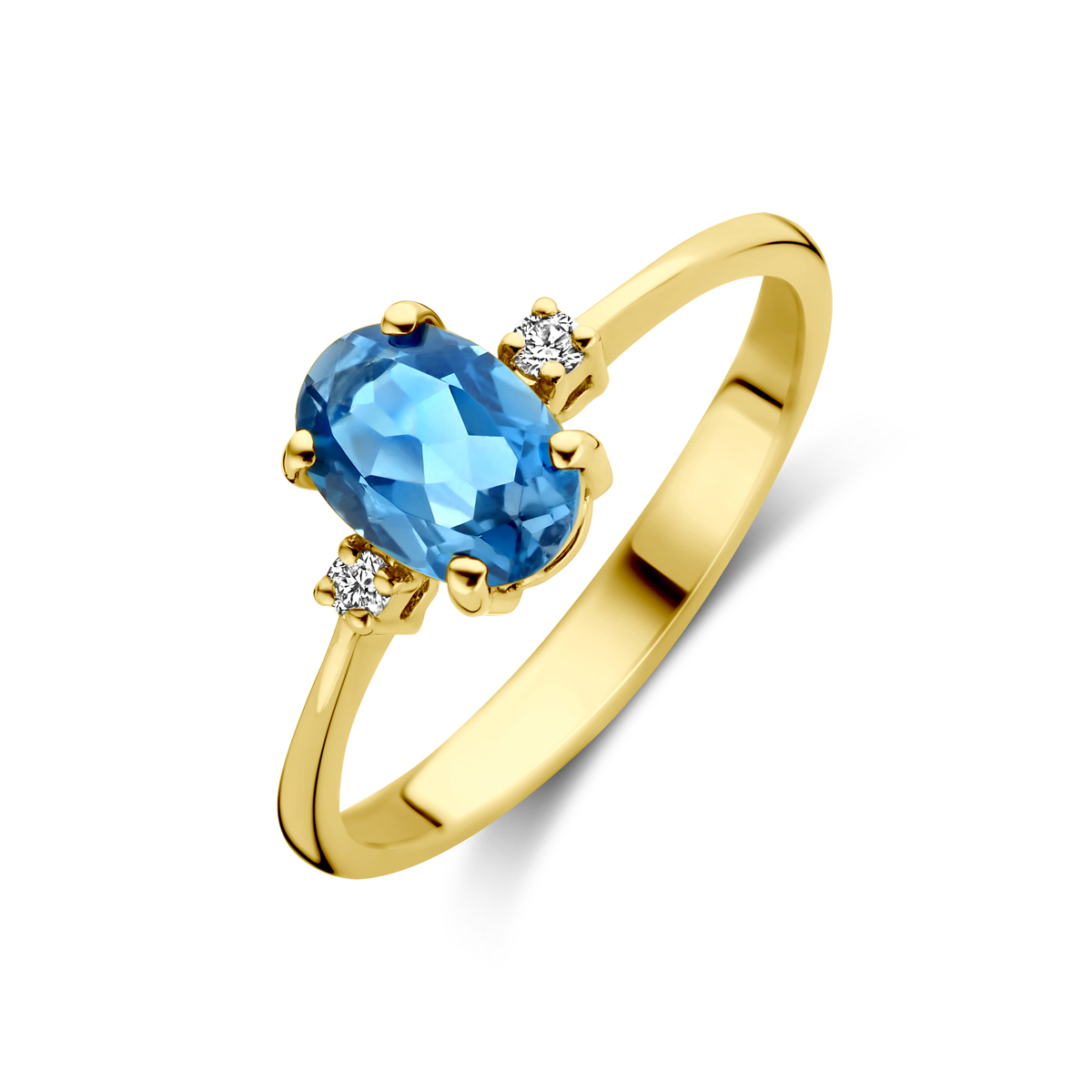 14k Geelgouden ring uitgevoerd met london blue topaas en diamant. De ring heeft een afmeting van 7x5mm. Het diamantgewicht is 0.04ct.