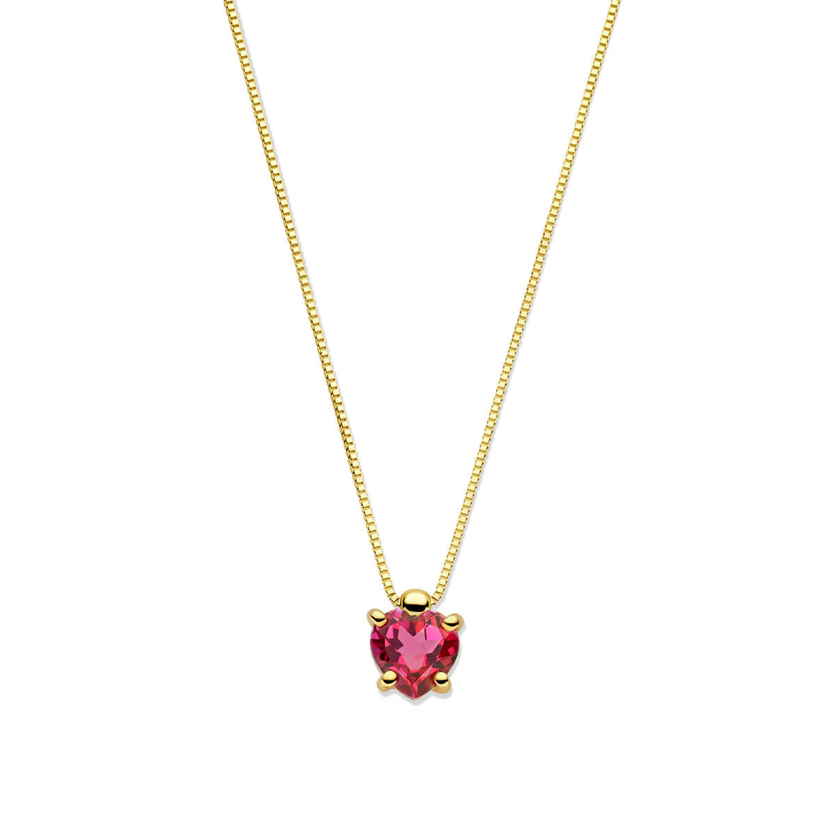 14k Geelgouden collier uitgevoerd met een roze topaas hart. Het collier heeft draaglengtes van 40-42-44cm en is uitgevoerd met karabijn sluiting. De schakelbreedte is 0.6mm.
