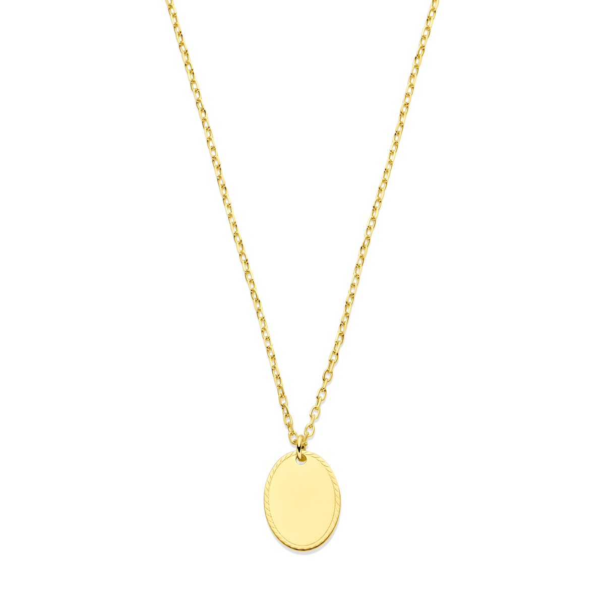 14k Geelgouden collier uitgevoerd met een graveerhanger en een karabijn sluiting. Het collier heeft draaglengtes van 41-43-45cm.