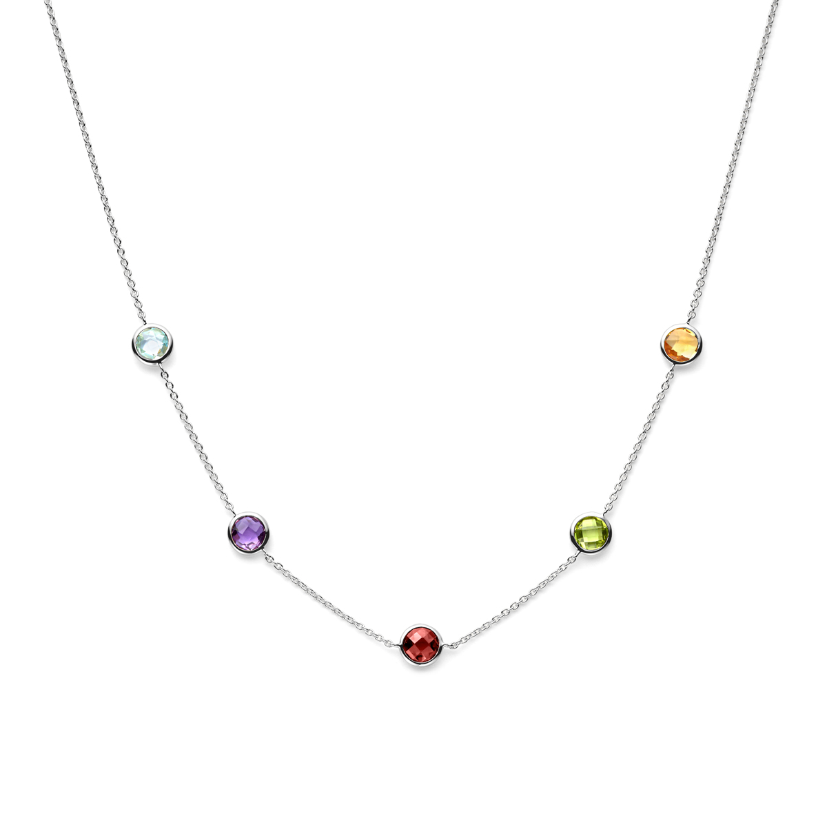 Gerhodineerd 925 zilveren collier uitgevoerd met amethist, blauw topaas, granaat, peridot en citrien. Het collier heeft draaglengtes van 42-43.5-45cm. Uitgevoerd met karabijnsluiting.