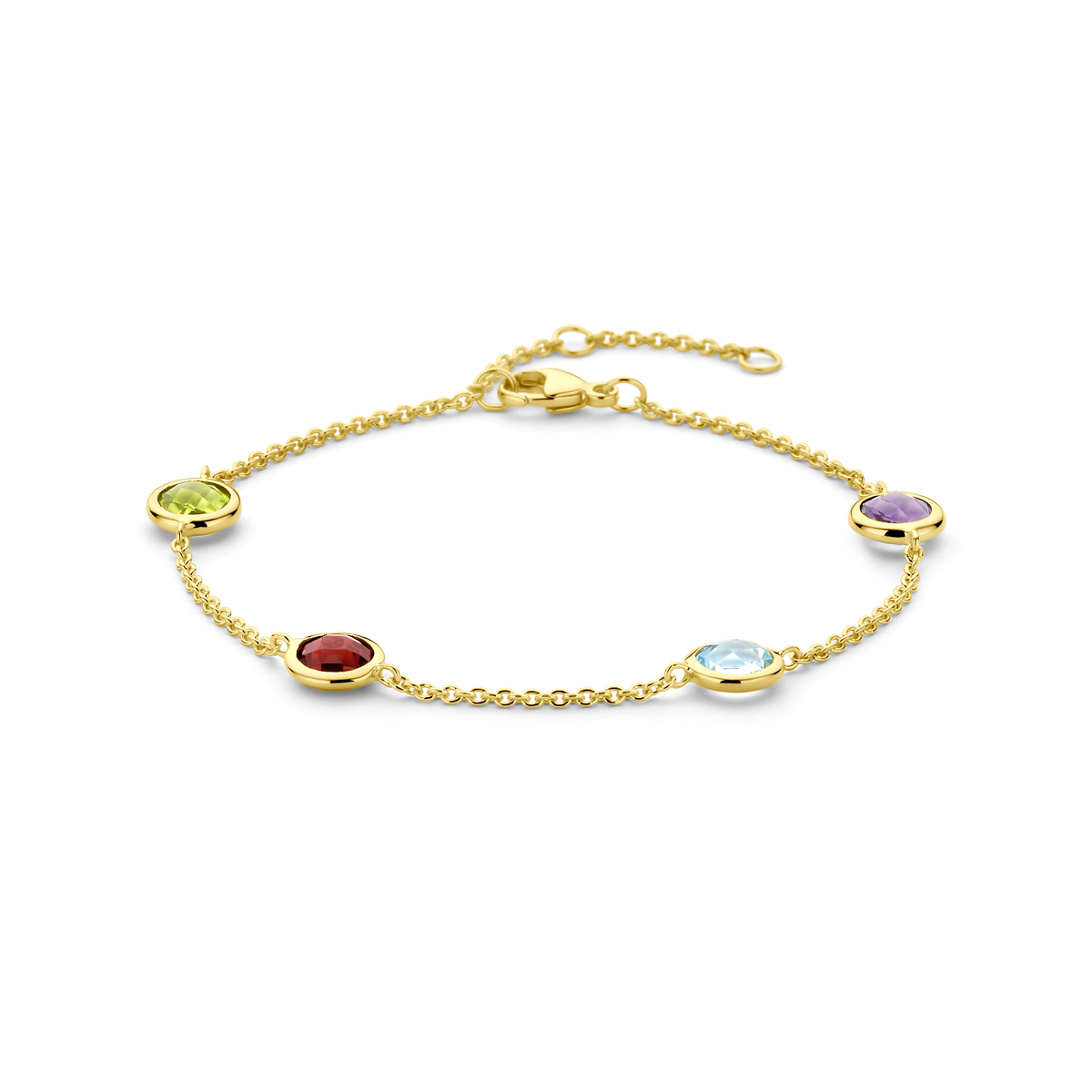 Geelgoud op 925 zilveren armband uitgevoerd met amethist, blauw topaas, granaat en peridot. De armband heeft draaglengtes van 17-18.5-20cm. Uitgevoerd met karabijnsluiting. Geen garantie op de plating.