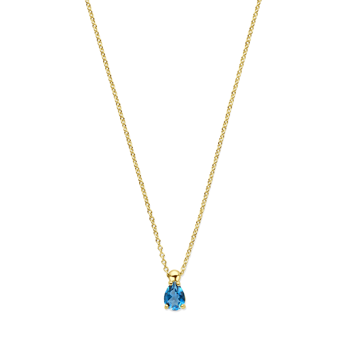 14k Geelgouden collier uitgevoerd met london blue kwarts. Het collier heeft een schakelbreedte van 1.2mm en draaglengtes van 41-43-45cm. Uitgevoerd met karabijnsluiting.