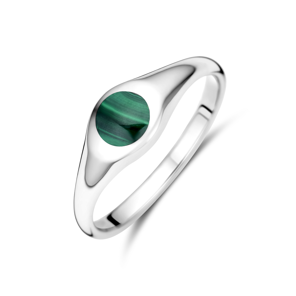 Gerhodineerd 925 zilveren ring uitgevoerd met malachiet. De ring heeft een breedte van 6mm.