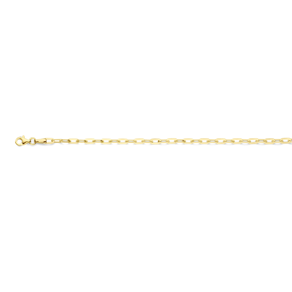 14k Geelgouden armband uitgevoerd met paperclip schakel. De armband heeft een draaglengte van 18.5cm en een schakelbreedte van 3mm. Uitgevoerd met karabijnsluiting.